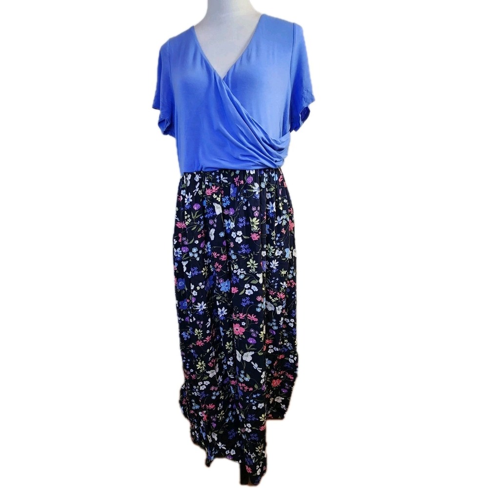 Modcloth Women's Maxi Dress Size 1X Blue Floral Cottagecore Feminine Peasant